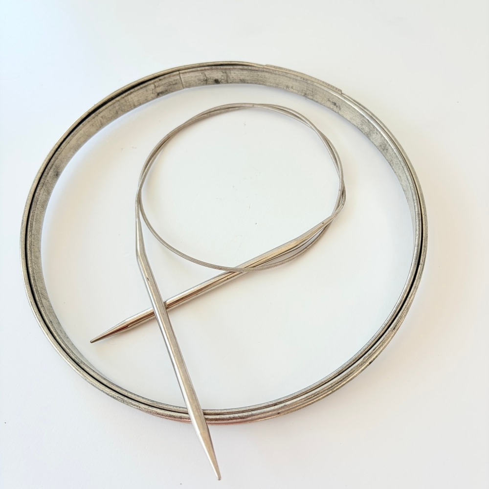 Vintage Metal Embroidery Hoop 7 Inch and Circular Knitting Needle Set Silver